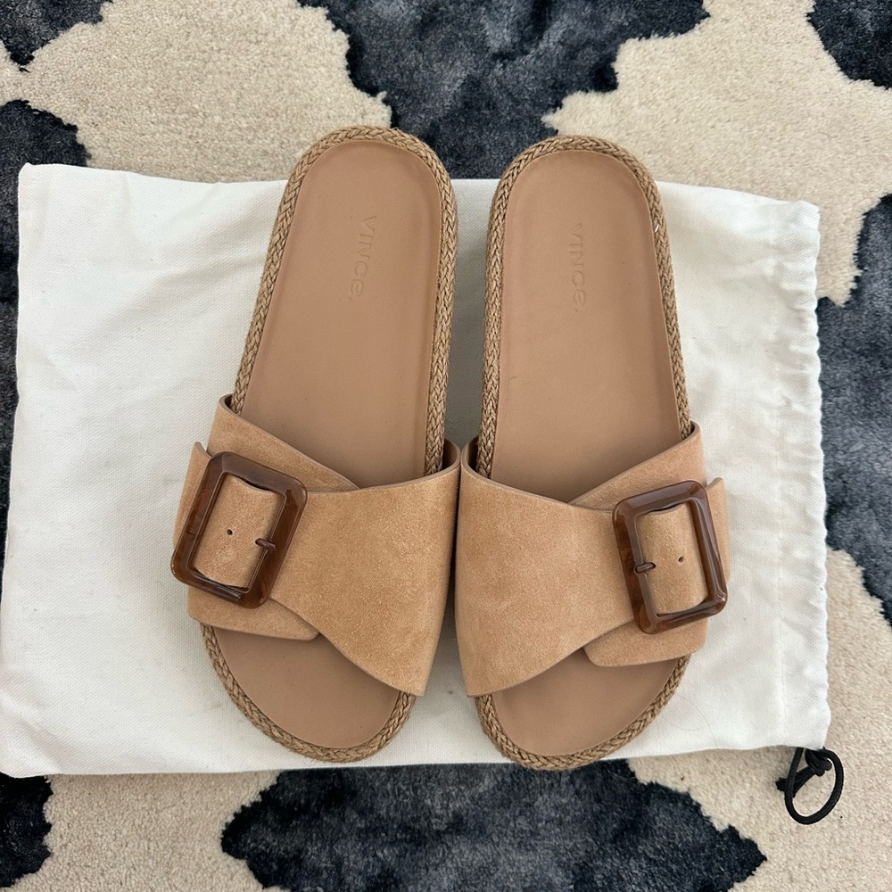Vince Tan Slide Sandals with Buckle Detail